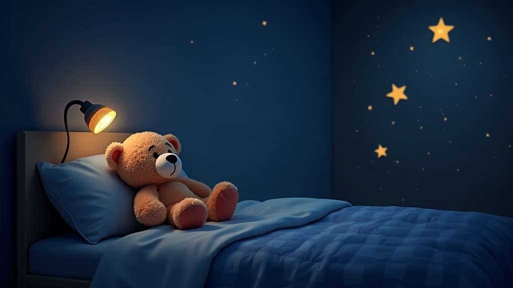 A cozy child's bedroom at night with a softly glowing nightlight, a plush stuffed animal, and twinkling star stickers on the ceiling.